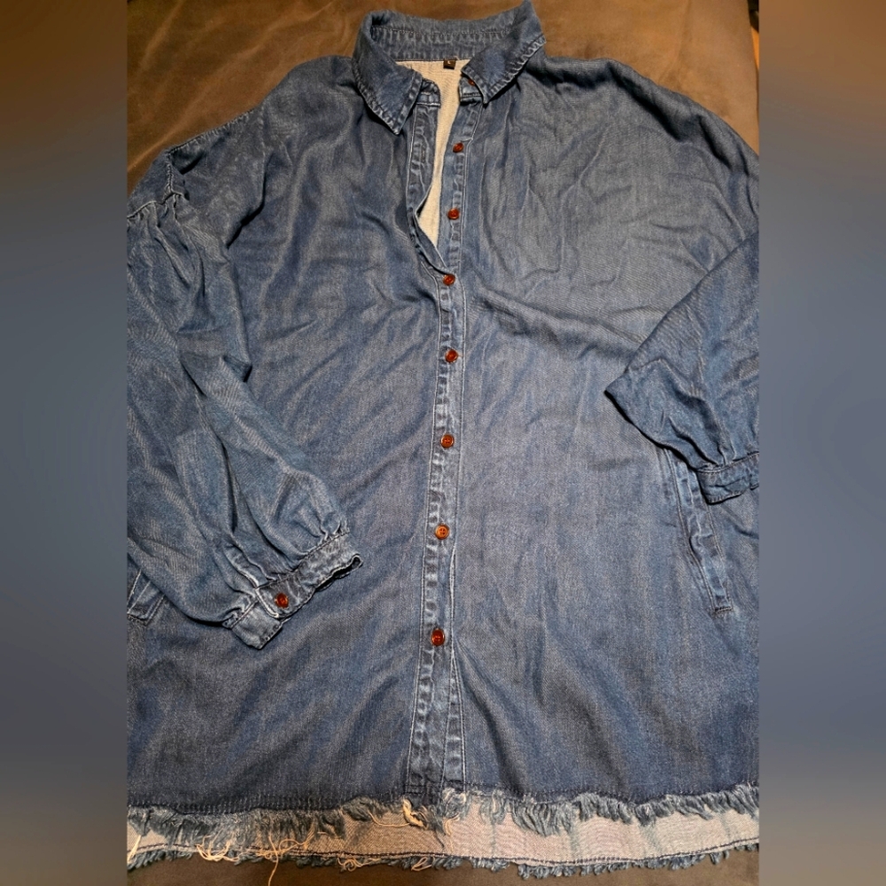 Denim Button-Up Shirt Dress with Frayed Hem - Large